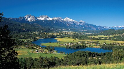 Scenic mountain landscape with a serene lake and greenery.
