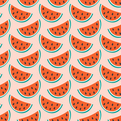 Watermelon slices with seed Seamless Pattern in trendy doodle minimalist. Healthy eating background