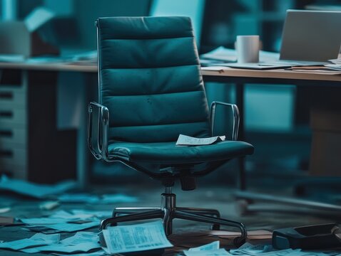 Emotional burnout in the workplace. Empty office chair and disarrayed papers depicting stress