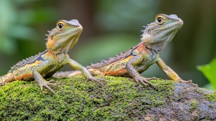 Reptiles Basking on Mossy Stones in Jungle Clearing
