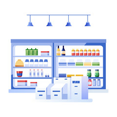 A flat illustration of a grocery shop interior with shelves stocked with various food items