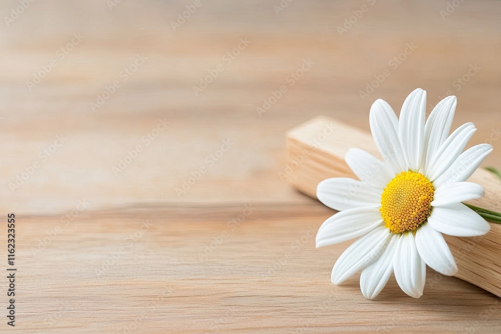 Poster minimalist wooden cross with a single daisy in serene and balanced composition