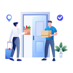 A flat illustration of delivery man deliver a package, 