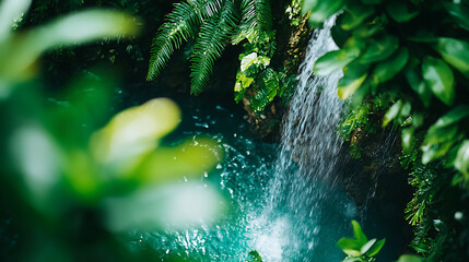 serene waterfall cascades into tranquil pool, surrounded by lush greenery and vibrant foliage, creating peaceful natural oasis