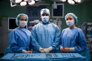 Surgeons standing in operating room with surgical instruments ready for operation