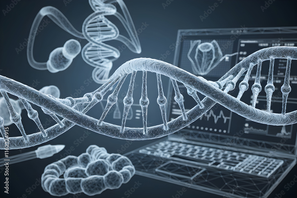 Fototapete Dna structure rotating in laboratory setting with laptop showing analysis