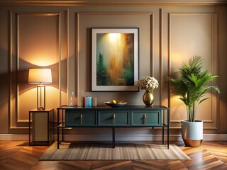 Fototapeta premium Elegant Living Room, Black Frame, Brass Accents, Beige Walls, Moody Lighting