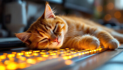 4k HD Wallpapers of A cat sleeps on a keyboard with a warm glow from the keys. Video game wallpaper