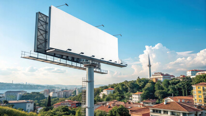 A large blank billboard towers over a cityscape with a clear blue sky and fluffy clouds in the background.The scene includes a mix of modern and traditional architecture surrounded by lush greenery.AI
