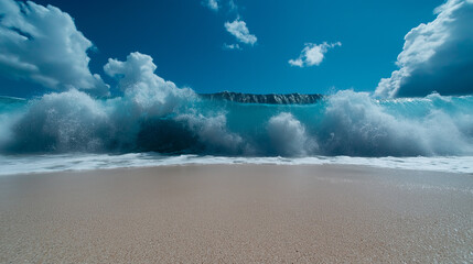 A tsunami wave towering over the shoreline.
