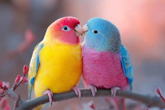 Two colorful parrots showing affection on a branch