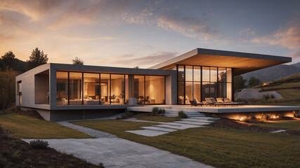 Obraz premium Contemporary architecture luxury house in the mountains during the sunset