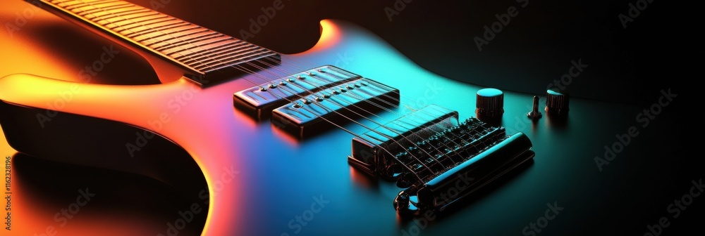 Poster 3D guitar design with vibrant lighting showcasing craftsmanship and detail in an artistic display of musical artistry. Generative AI