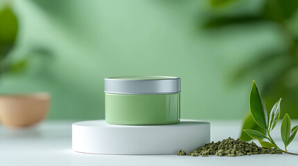 Vegan matcha green tea powder on white surface natural ingredients minimalist viewpoint healthy lifestyle concept