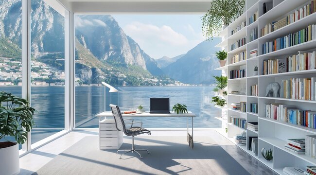 Fototapeta Modern home office interior with books on white shelves, panoramic window and view of lake and mountains. Workplace concept. 3D rendering.