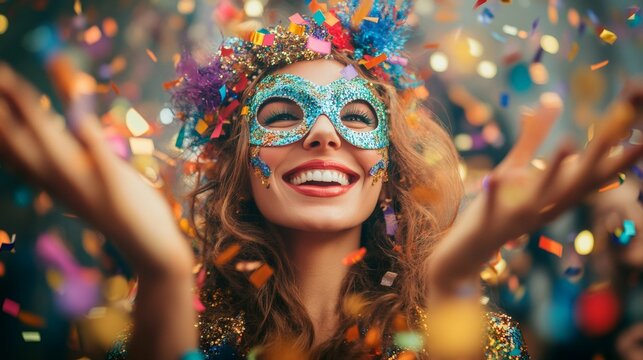 Beautiful woman wearing a colorful mask throwing confetti at carnival party