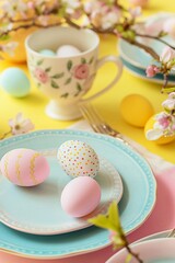 Easter table setting with pastel colored eggs, spring flowers and tableware