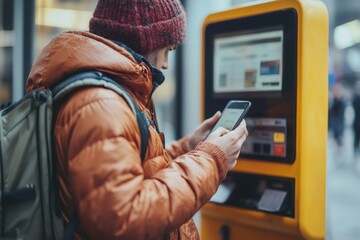 Tourist using smartphone to buy train ticket at self-service kiosk