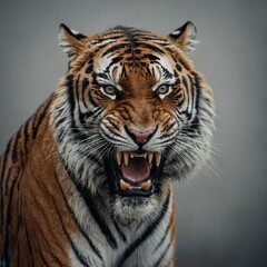 Fototapeta premium A tiger mid-roar on a light gray background.