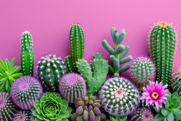 Fototapeta premium Colorful display of various cacti and succulents against a vibrant background