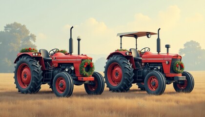 Fototapeta premium Vintage tractors adorned with floral wreaths in a golden field at sunset