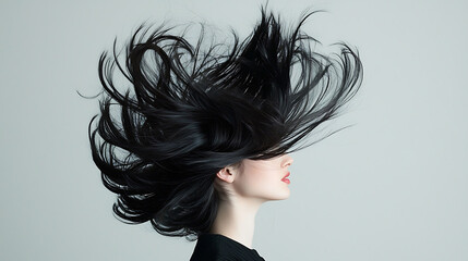 Naklejka premium model showcases dynamic hair flip, exuding confidence and style. flowing black hair creates striking visual against neutral background