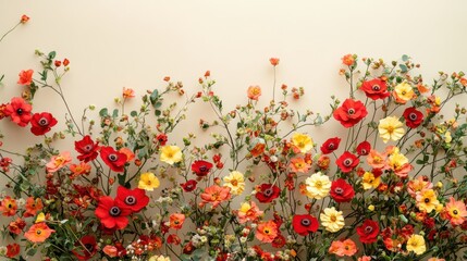 Red and yellow flowers with greenery on taupe background with sunlight