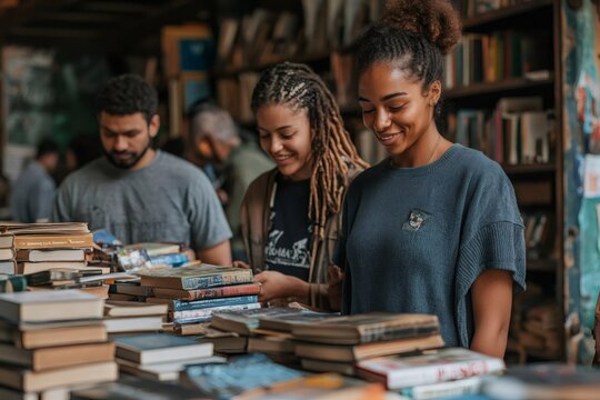 Customers browsing books in secondhand bookstore