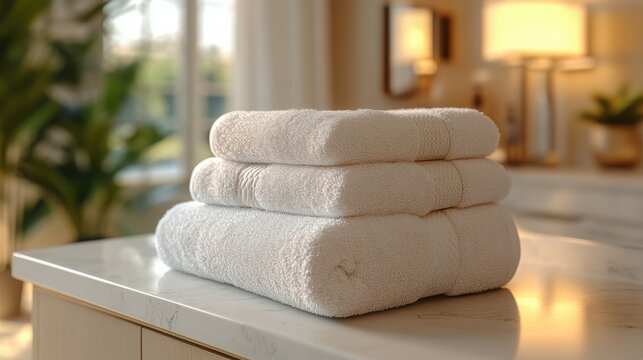 Clean Fresh Towels Stack in a Spa-like Bathroom Promoting Hygiene and Relaxation