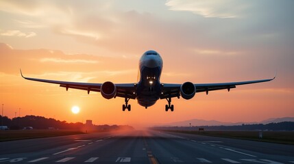 Fototapeta premium Airplane landing on runway during vibrant sunset.
