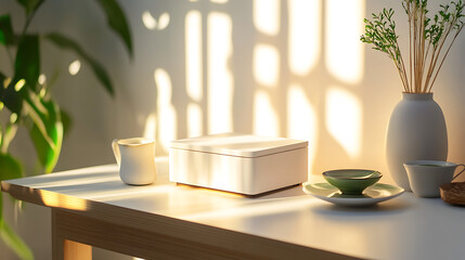 Enjoying vegan matcha green tea in a sunlit room minimalist table setting home environment