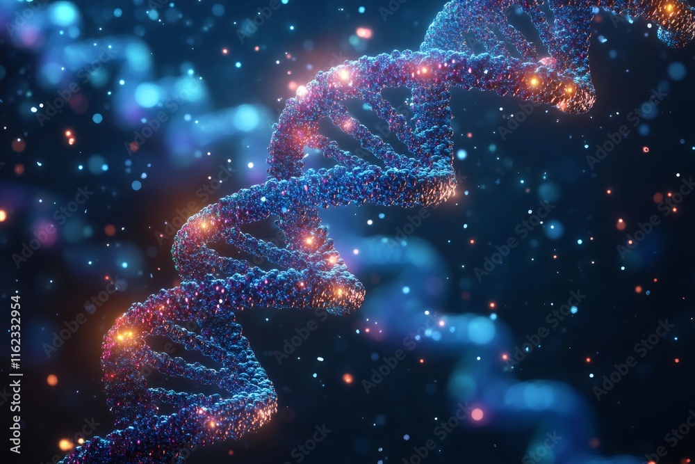 Poster Glowing dna helix rotating in a microscopic environment