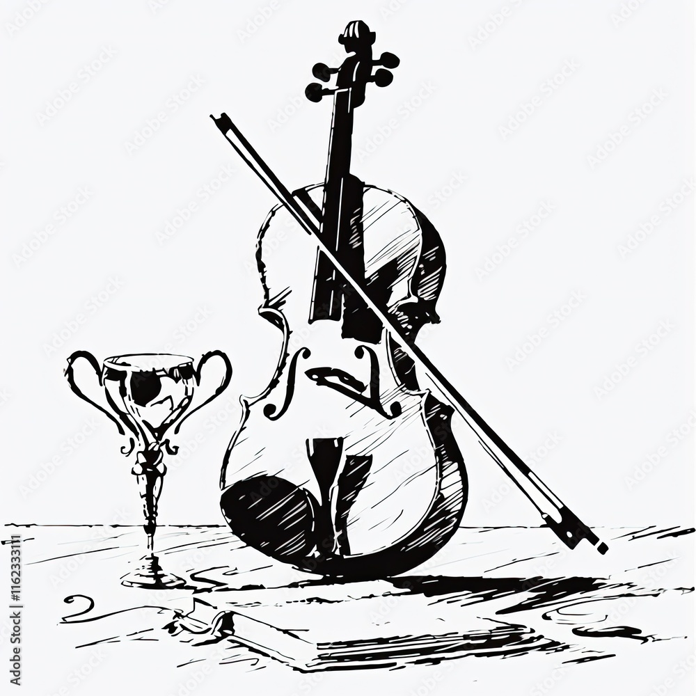 Poster violin and trophy resting on a table with a book and bow, showcasing artistry and talent