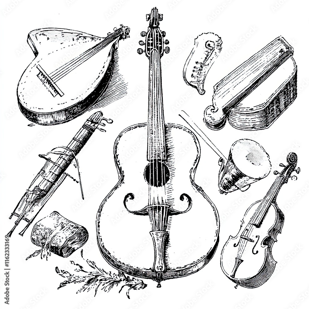 Poster Diverse Collection of String and Percussion Instruments Arranged Artistically