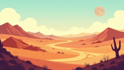 Naklejka premium Breathtaking sunset over a serene desert landscape with majestic mountains and cacti