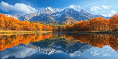 Fototapeta premium Snow capped mountain reflecting in lake with autumn trees