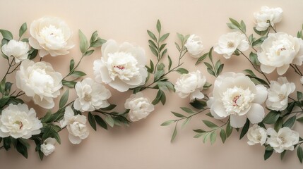 Fototapeta premium Minimalist flat lay of white peony and rose on light taupe