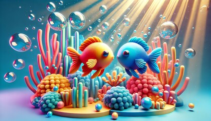 Fototapeta premium Ocean Harmony: Two Fish Hugging in a Colorful Marine World
