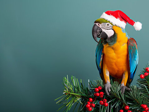 Colorful parrot wearing a Santa hat perched on festive greenery