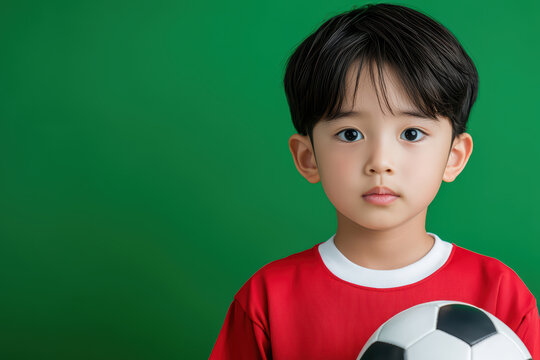 Young boy in red shirt holds soccer ball, showcasing focus and determination. His expression reflects excitement for game ahead