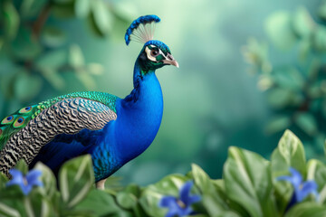 Obraz premium Vibrant peacock displays feathers in lush garden setting during daytime