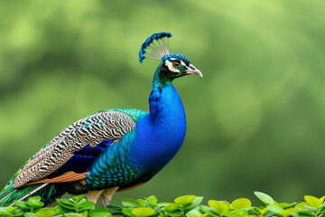 Obraz premium Vibrant peacock displaying its plumage in a lush green setting