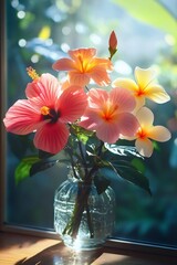 Colorful hibiscus and frangipani flowers illuminating by sunlight in glass vase on window sill © Lubos Chlubny