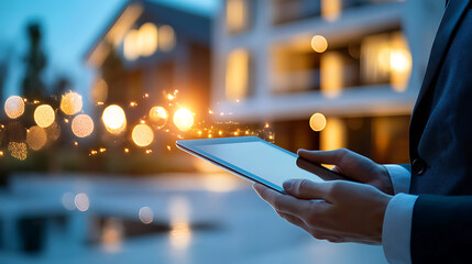 professional man using tablet outdoors at dusk, assessing property value