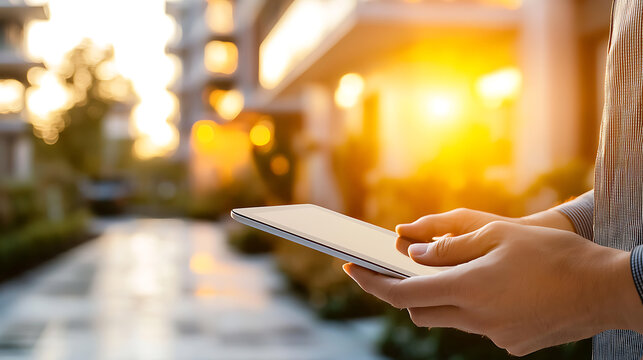 home appraiser using tablet to assess property value during sunset