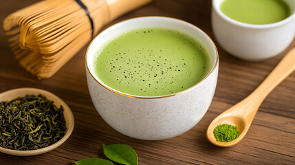 Savoring vegan matcha green tea in a cozy  captivating drink photography amidst natural elements