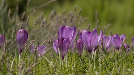  Purple crocus flowers blooming in spring sunlight.