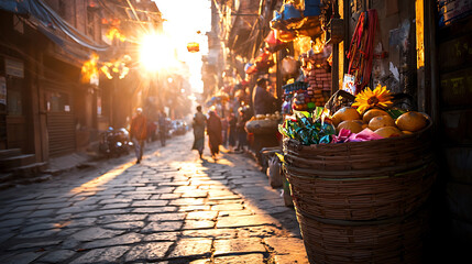 Obraz premium vibrant street scene at sunset, showcasing vendors and colorful produce. warm light enhances bustling atmosphere of market