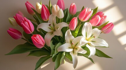 Fototapeta premium Pink tulips and white lilies on taupe surface with sunlight