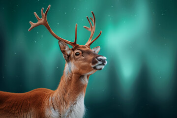 Majestic deer against vibrant northern lights in a serene landscape